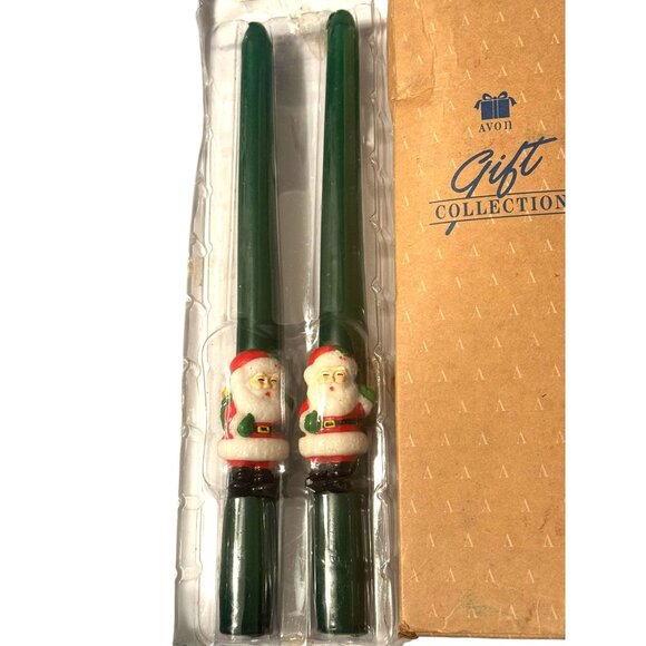 Avon Gift Collection Santa Taper Candles Set Of 2 Green Wax Holiday Decoration - Picture 1 of 4